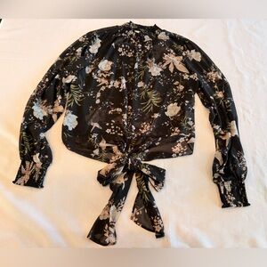 Rachel Zoe Black Floral & Hummingbirds Sheer Tie-Front Blouse Sz Medium